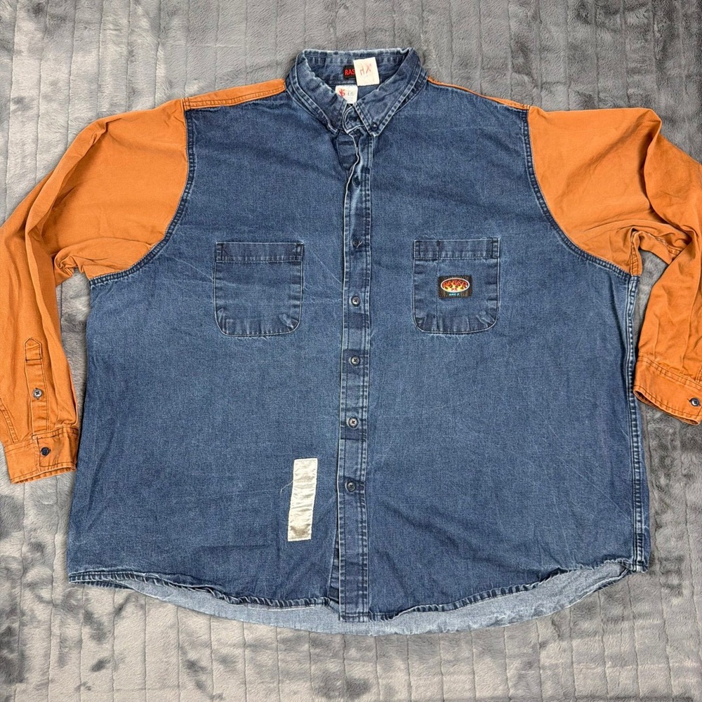 Rasco FR Mens 4XL Long Two Tone Denim Work Shirt Flame Resistant Blue Orange